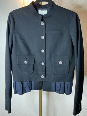 Moncler Gamme Bleu Black Cropped Button-Front Jacket with Navy Pleated Hem
